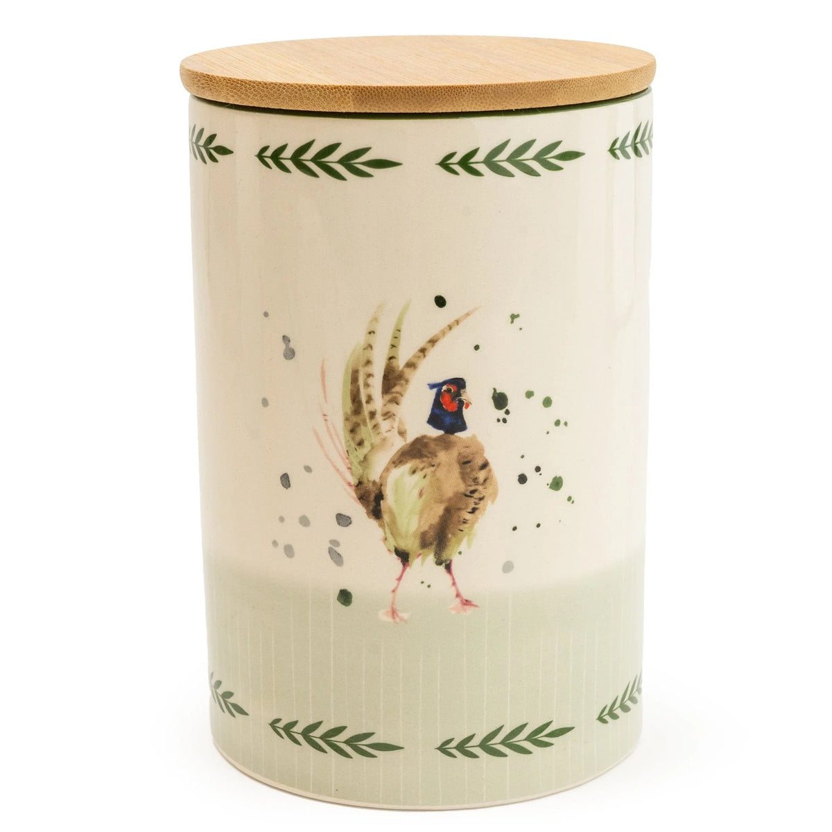 Candlelight 17cm ceramic storage jar featuring a pheasant illustration next to its fitted wooden lid with silicone seal