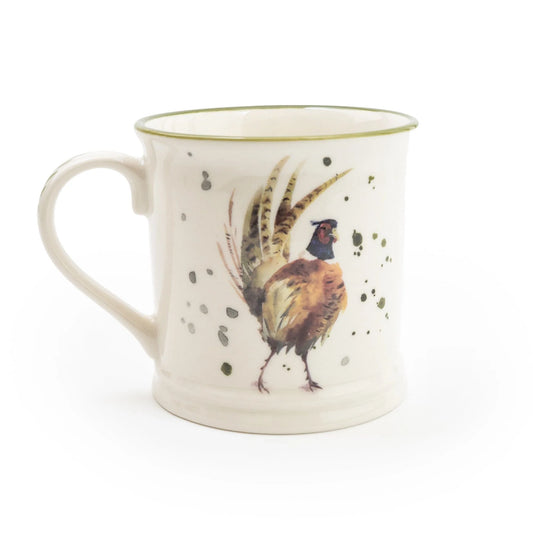Candlelight Pheasant 13cm ceramic tankard mug with illustrated gamebird design and green rim