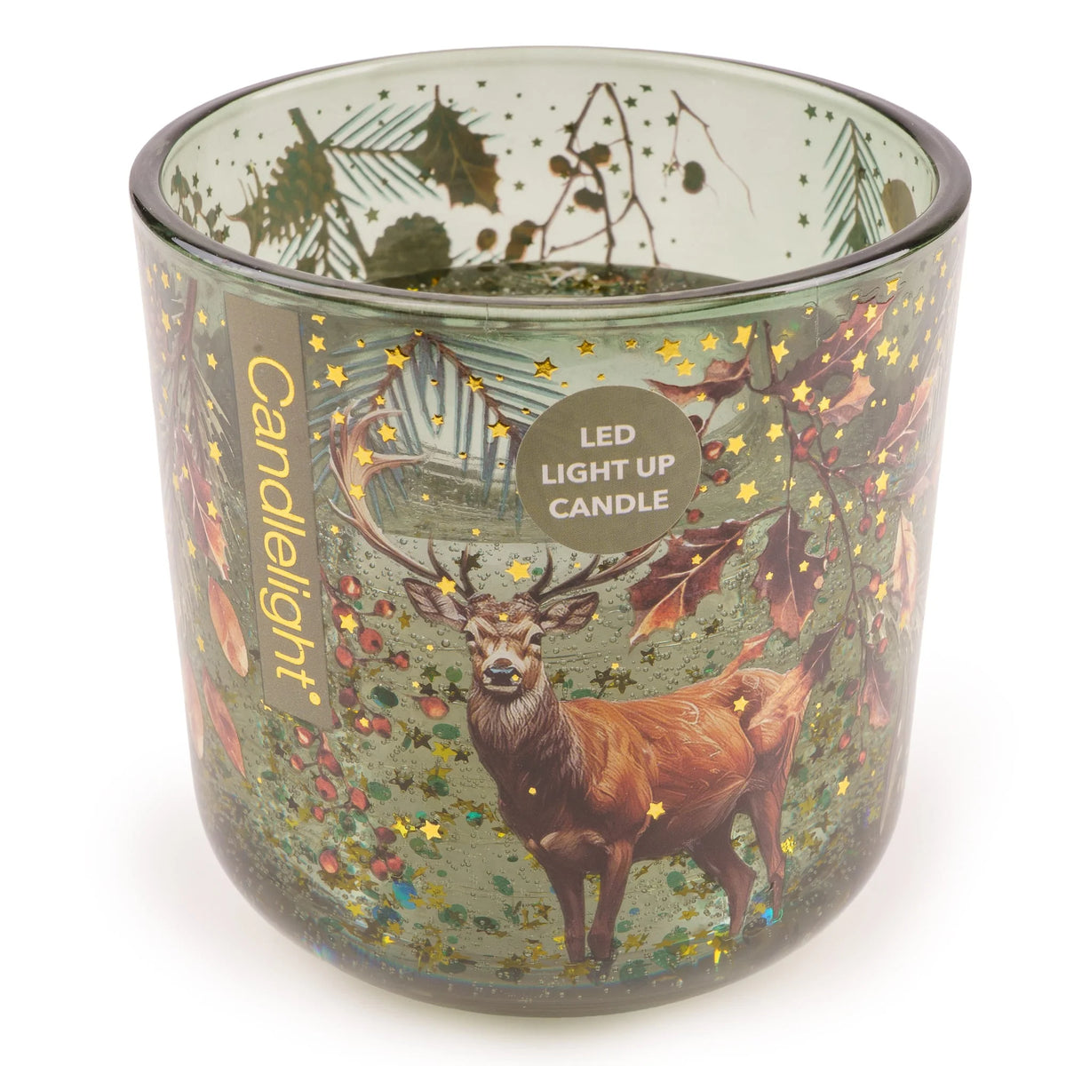 Candlelight Pine Forest LED candle in a green glass holder decorated with a stag, pine branches, and gold star accents