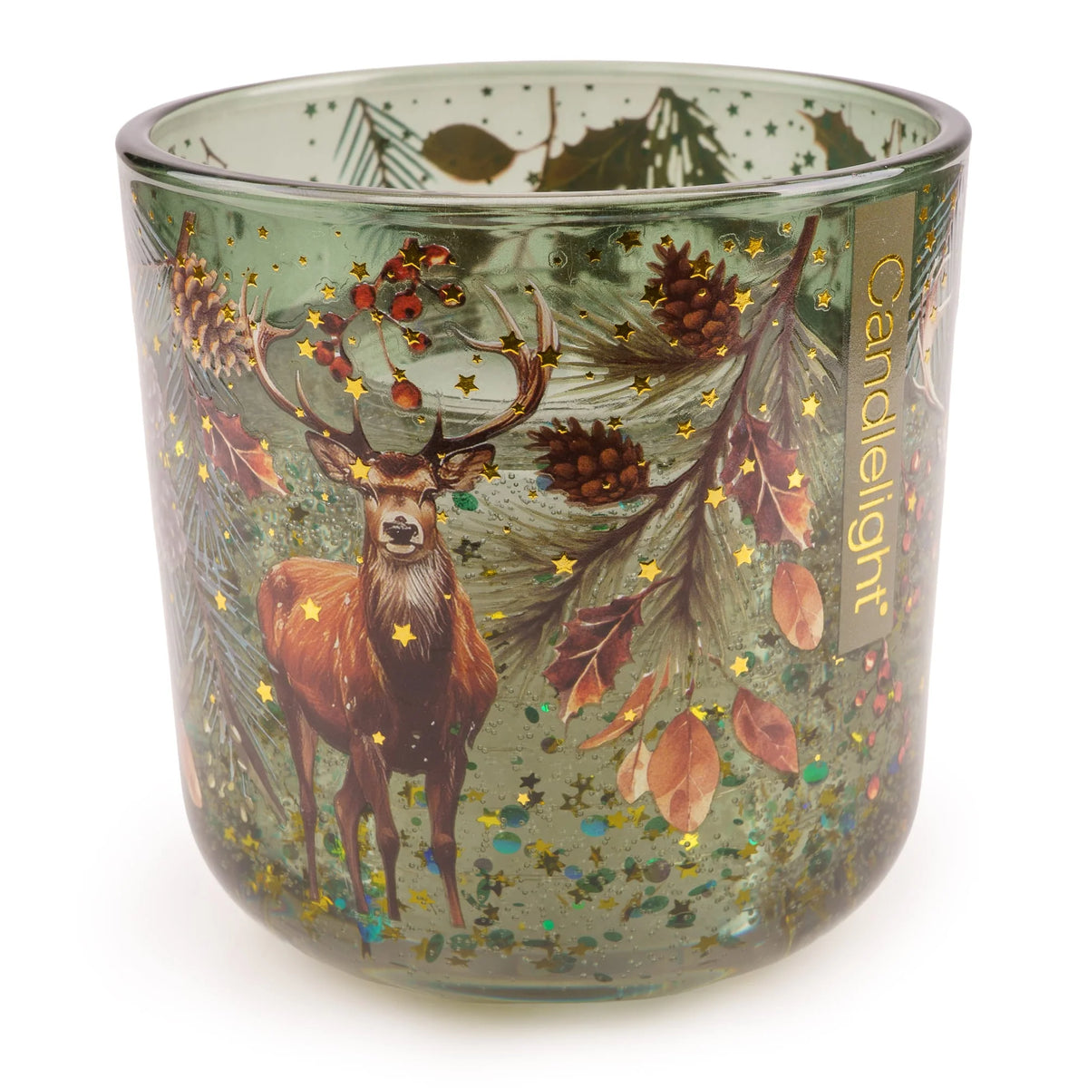Candlelight Pine Forest LED candle in a green glass holder decorated with a stag, pine branches, and gold star accents