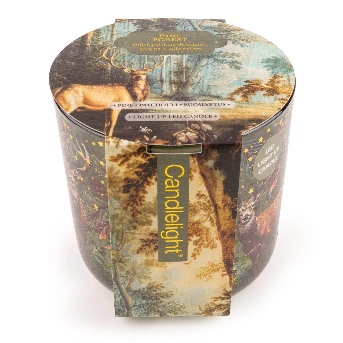 Candlelight Pine Forest LED candle in a green glass holder decorated with a stag, pine branches, and gold star accents