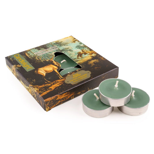 Candlelight Pine Forest set of 9 green scented tealights shown next to their stag illustrated presentation box