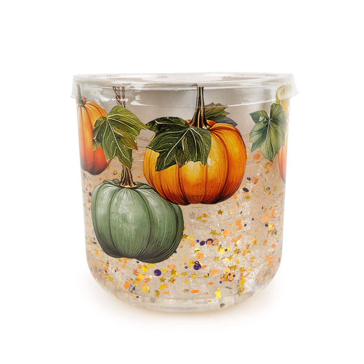 Candlelight Pumpkin and Ginger LED candle in a printed clear glass jar with pumpkin artwork and sparkling gel