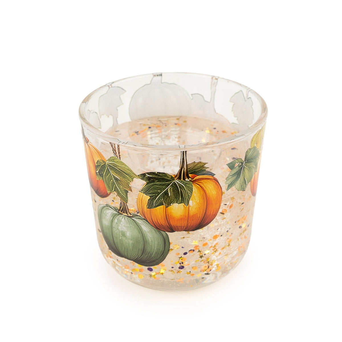 Candlelight Pumpkin and Ginger LED candle in a printed clear glass jar with pumpkin artwork and sparkling gel