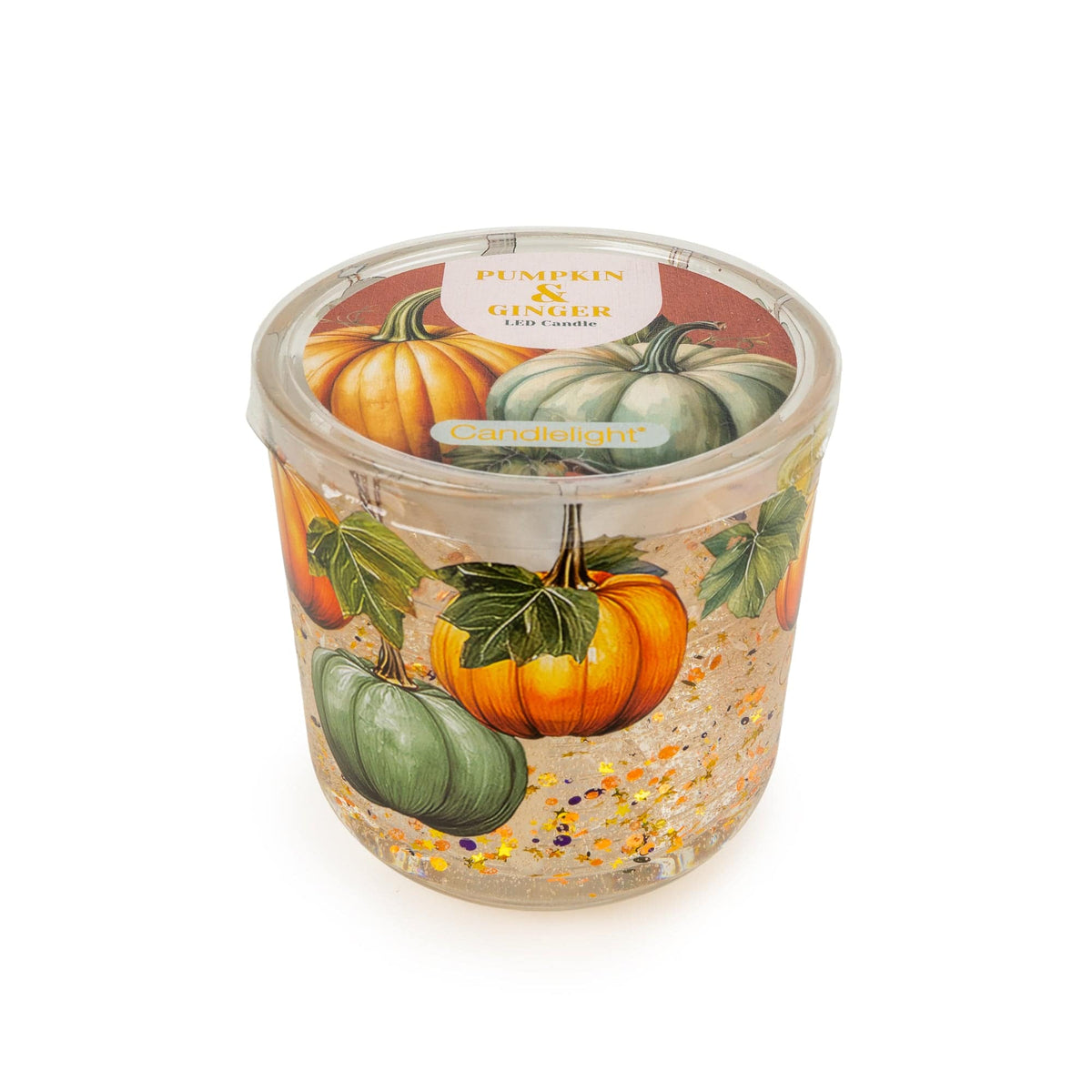 Candlelight Pumpkin and Ginger LED candle in a printed clear glass jar with pumpkin artwork and sparkling gel