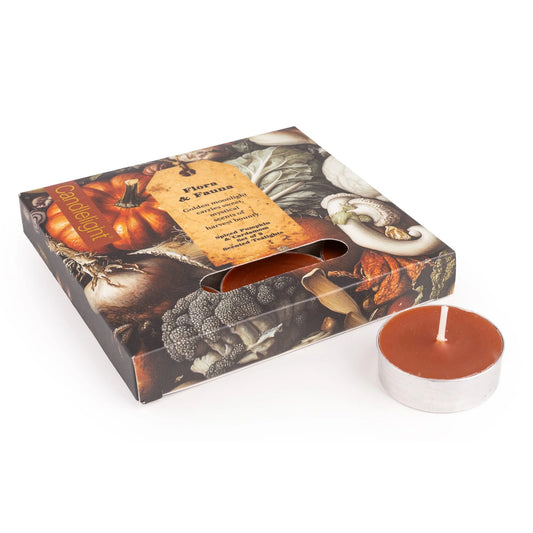 Add harvest warmth home with Candlelight Flora & Fauna Pumpkins Tealights. Features 9 spiced pumpkin scented tealights in a gift box.