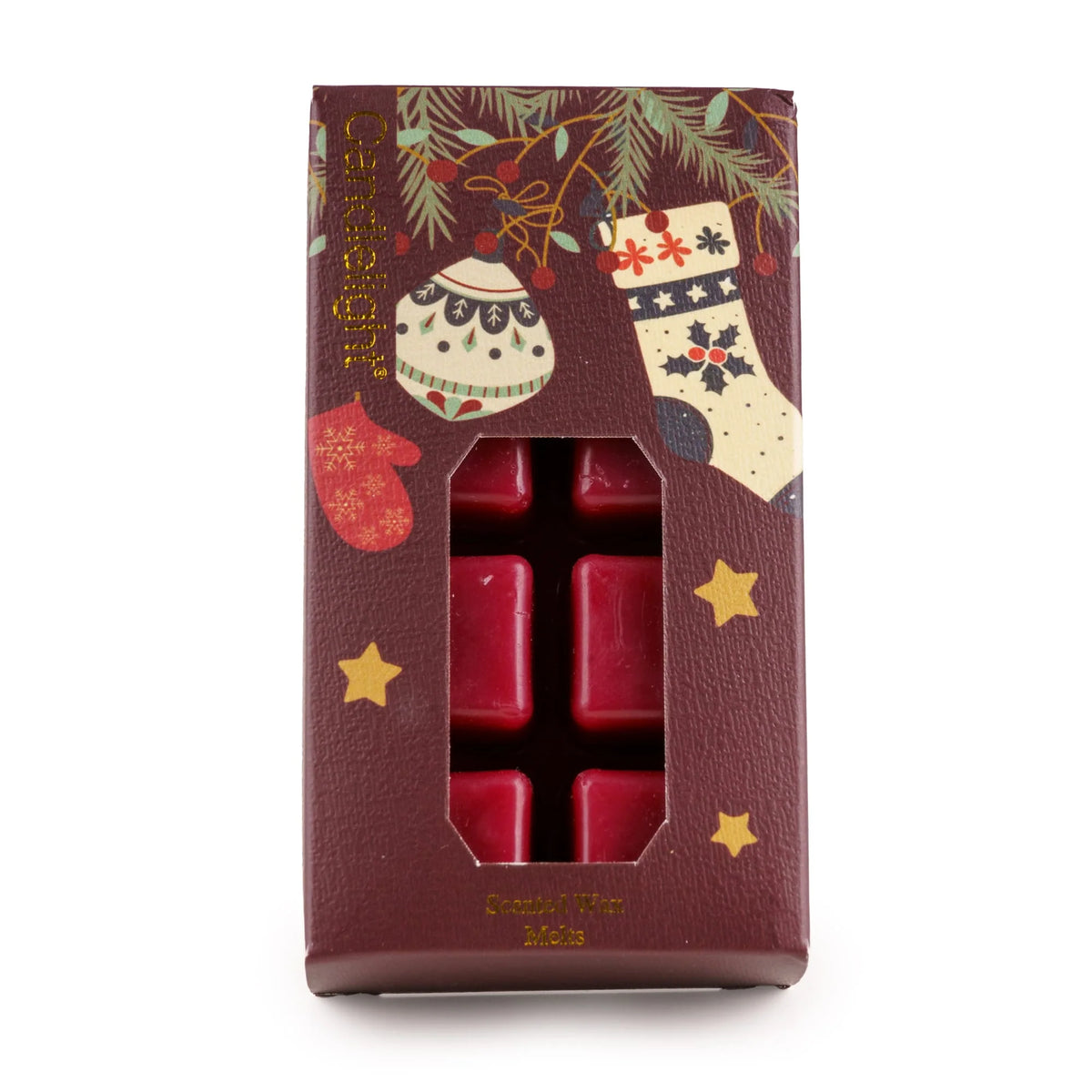 Candlelight Red Stockings and Baubles 8 pack scented wax melts in festive illustrated gift box
