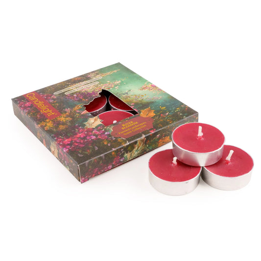 Candlelight River Blossom set of 9 deep red scented tealights displayed alongside their illustrated painterly packaging
