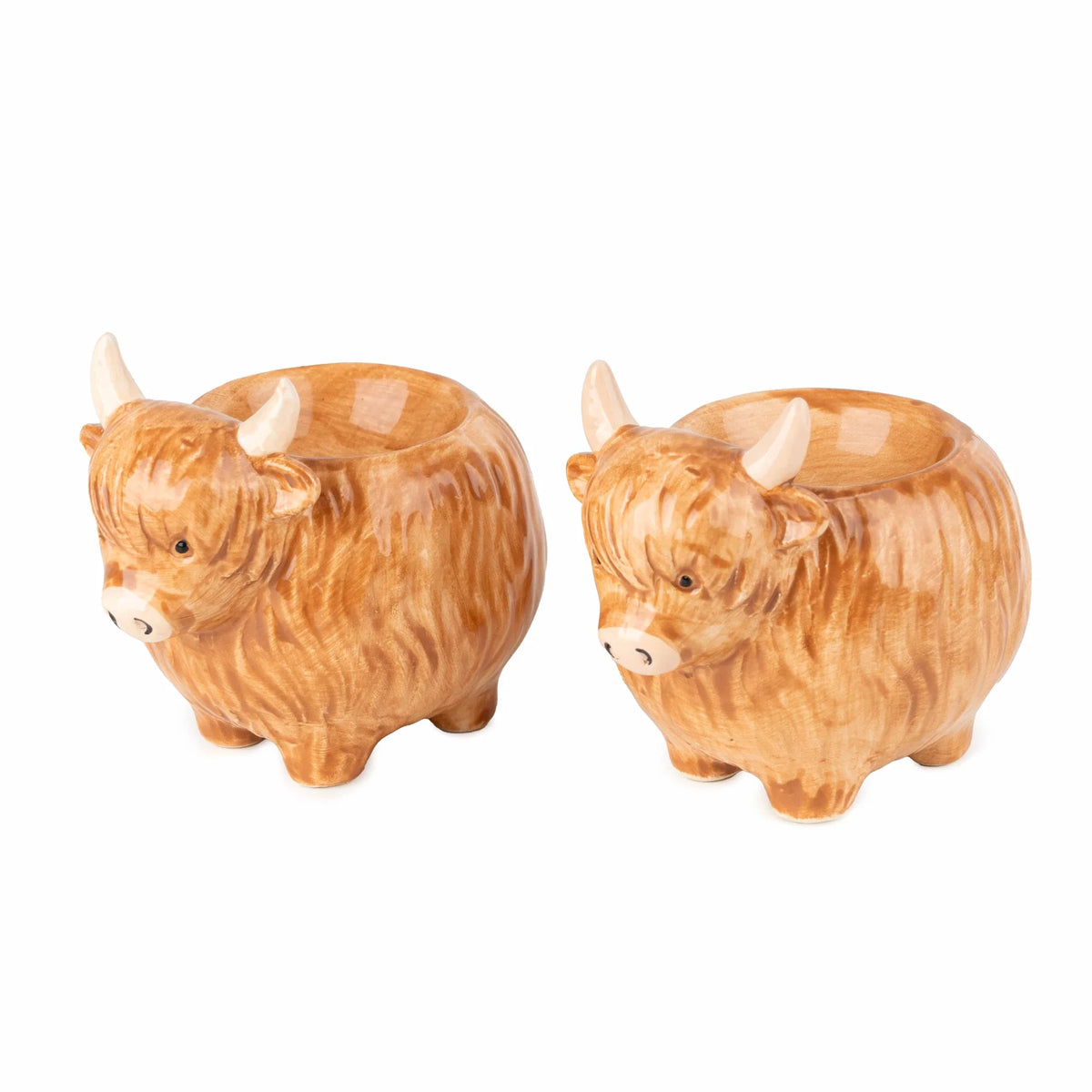 Candlelight Set of 2 Highland Cow ceramic 3D shaped egg cups with painted horns and shaggy brown coat details