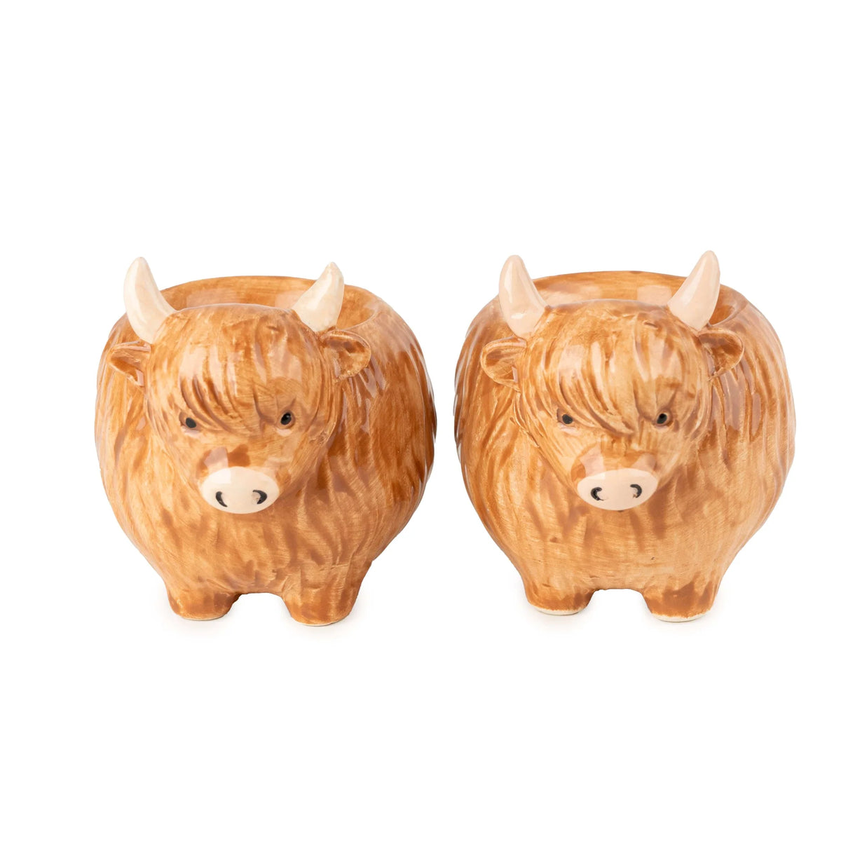 Candlelight Set of 2 Highland Cow ceramic 3D shaped egg cups with painted horns and shaggy brown coat details