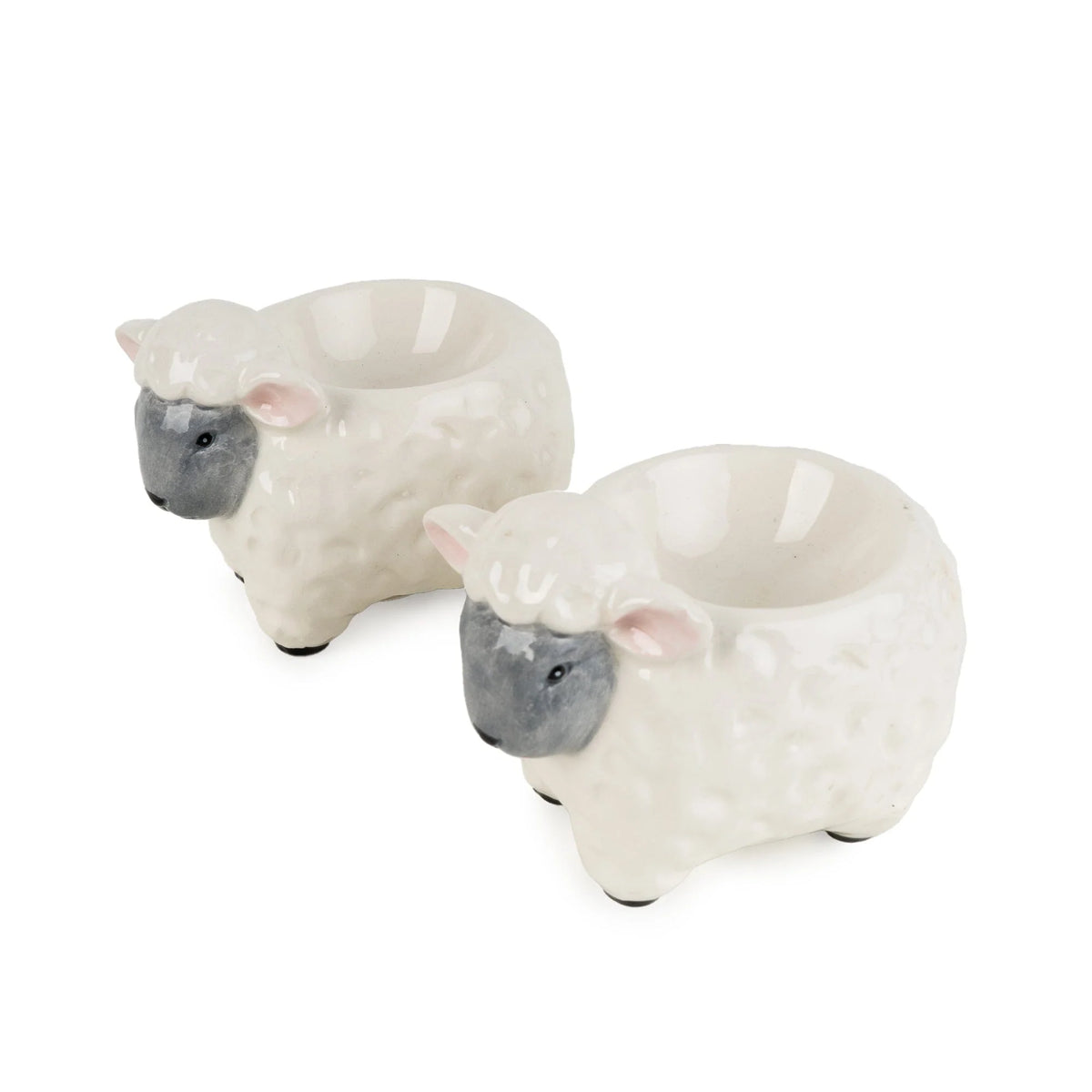 Candlelight Set of 2 Sheep ceramic 3D shaped egg cups with white glossy glaze, grey faces, and pink ears