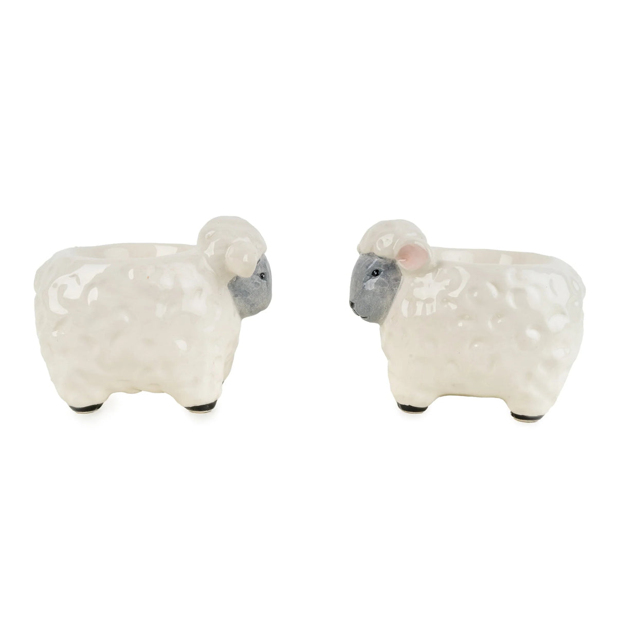 Candlelight Set of 2 Sheep ceramic 3D shaped egg cups with white glossy glaze, grey faces, and pink ears
