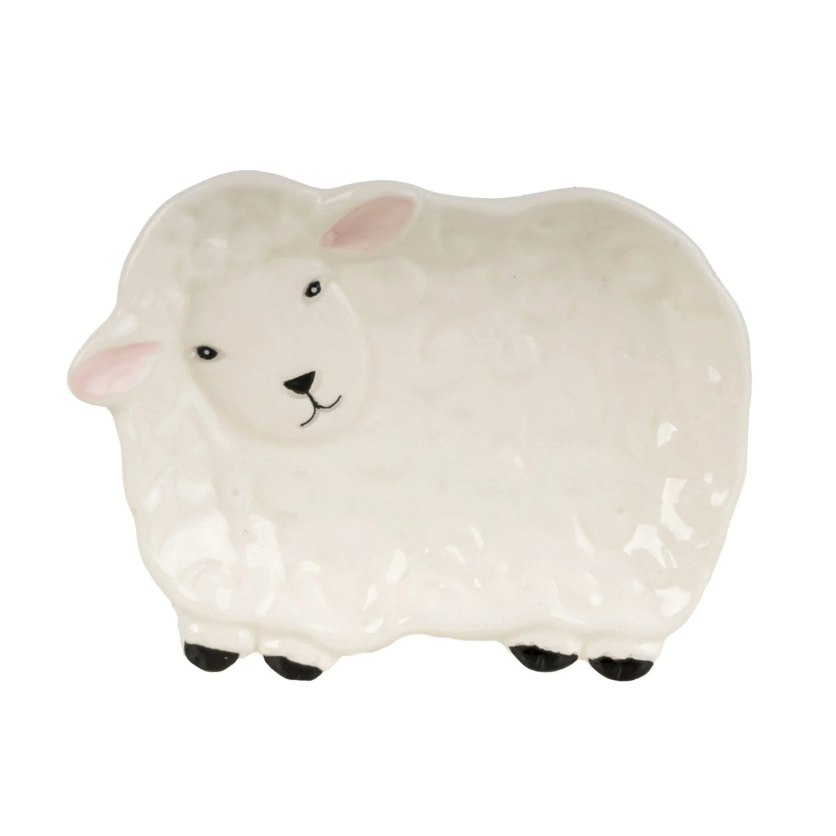 Candlelight sheep shaped white glazed ceramic spoon rest with pink inner ears and black hooves