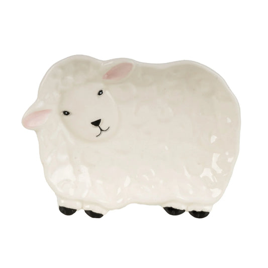 Candlelight sheep shaped white glazed ceramic spoon rest with pink inner ears and black hooves