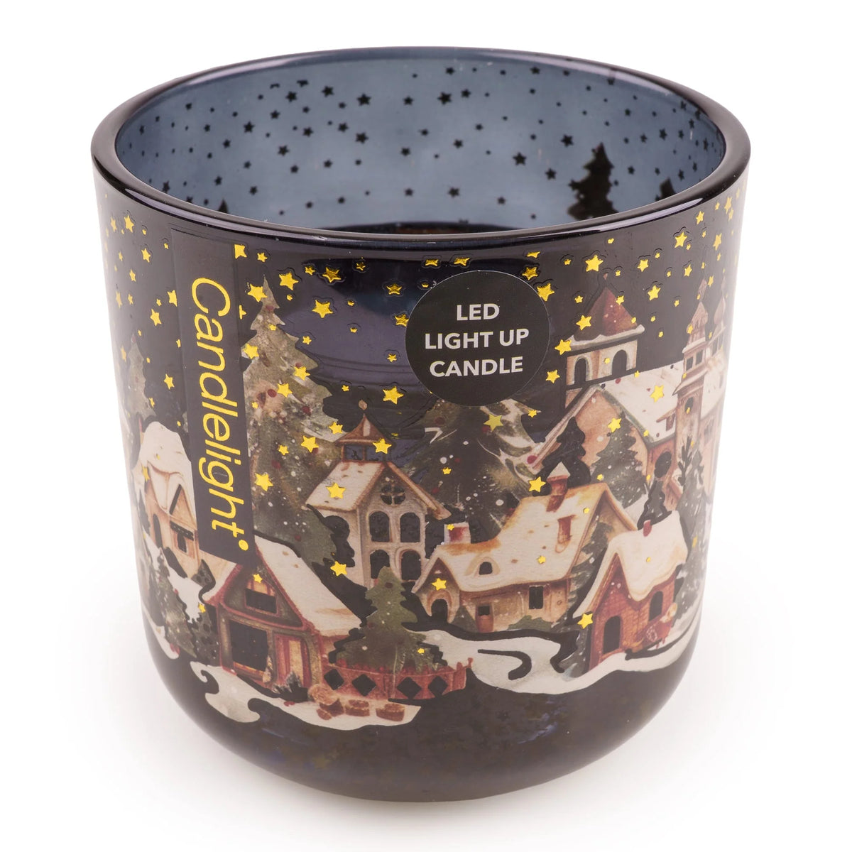 Candlelight Starlit Night Sky LED candle in a dark midnight glass holder featuring a snowy village and gold stars