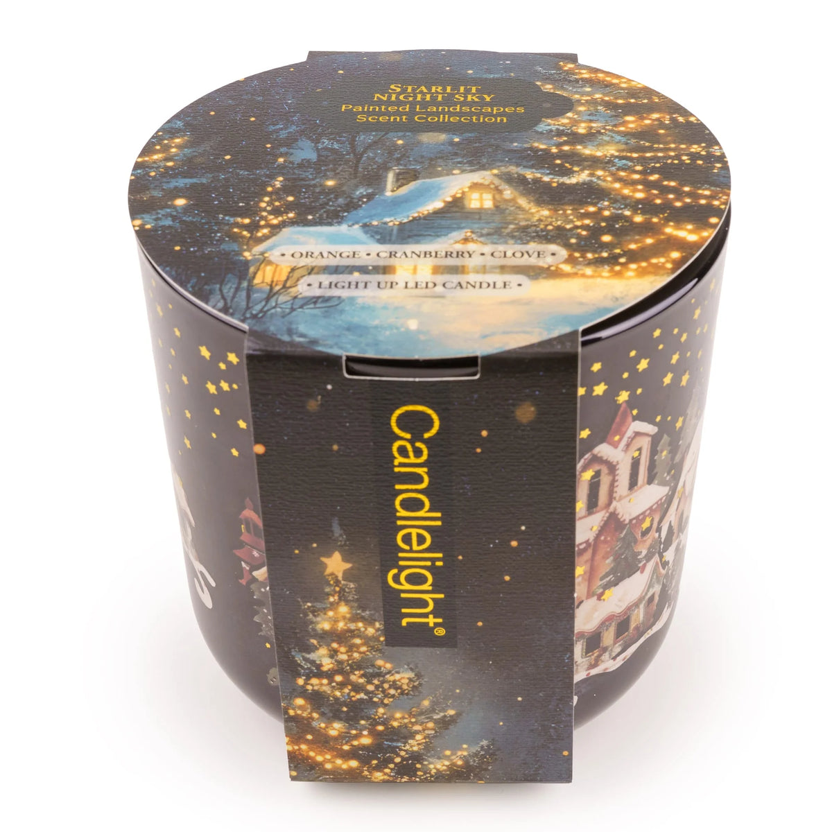 Candlelight Starlit Night Sky LED candle in a dark midnight glass holder featuring a snowy village and gold stars