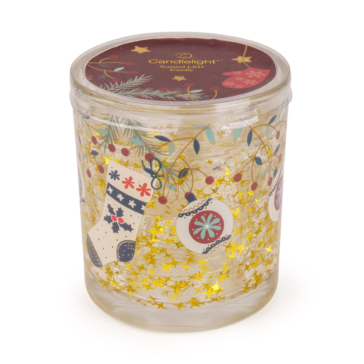 Candlelight Stockings and Baubles in Red scented LED candle with gold star glitter and festive stocking illustration
