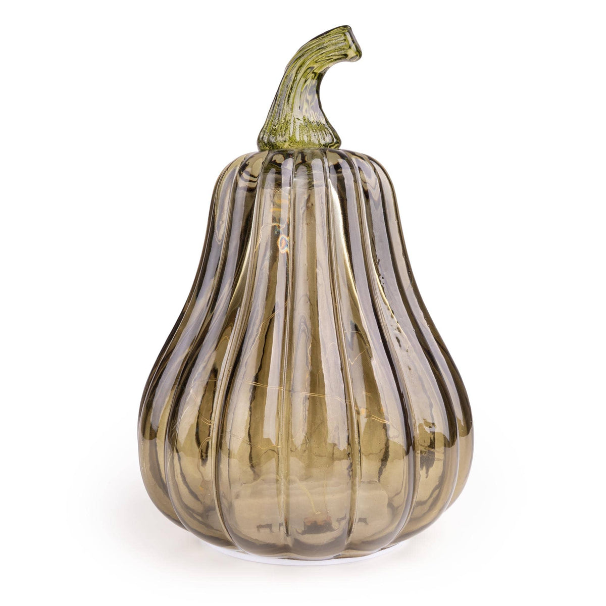 Candlelight Tall Green LED Glass Pumpkin ornament with ribbed translucent glass and curved stem detail