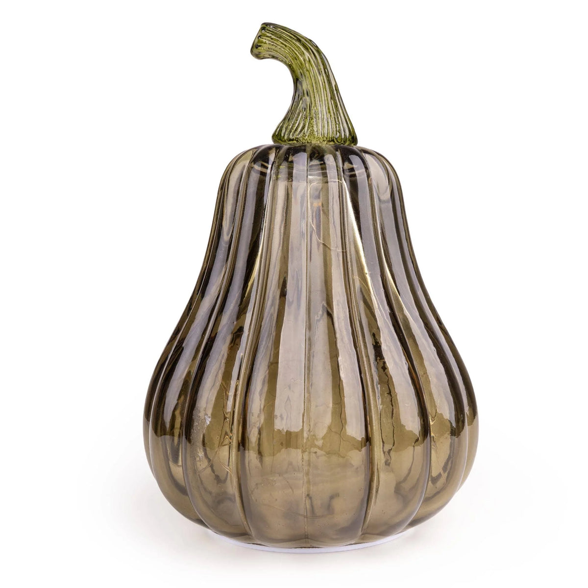 Candlelight Tall Green LED Glass Pumpkin ornament with ribbed translucent glass and curved stem detail