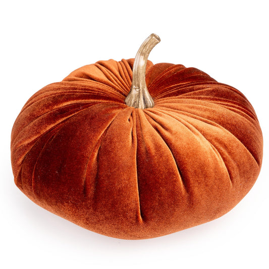 Candlelight Terracotta Velour Pumpkin Cushion featuring plush gathered sections and a realistic curved stem