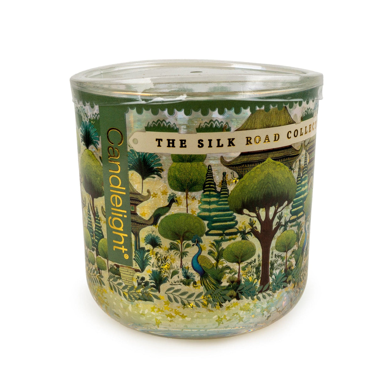 Candlelight Silk Road Collection Bukhara LED candle in printed glass holder featuring peacock and tree illustrations