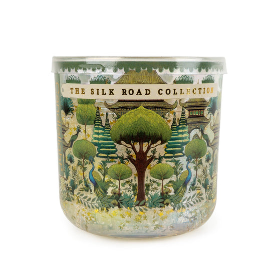 Candlelight Silk Road Collection Bukhara LED candle in printed glass holder featuring peacock and tree illustrations