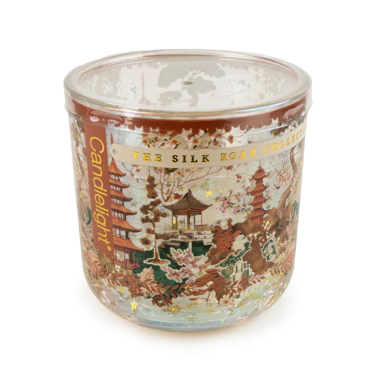 Candlelight Silk Road Collection Samarkand LED candle in printed glass holder featuring pagoda and cherry blossom illustrations
