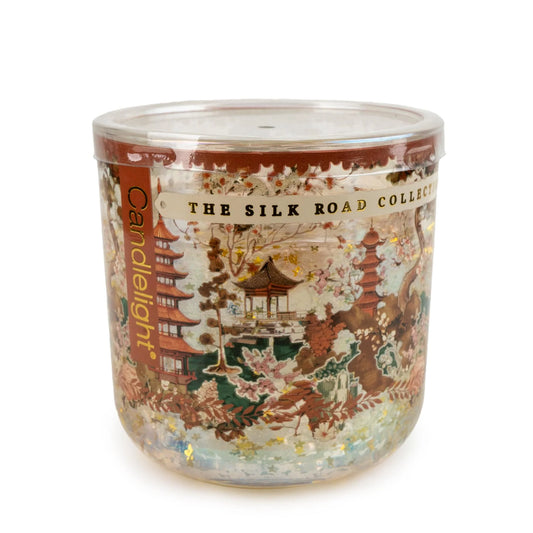 Candlelight Silk Road Collection Samarkand LED candle in printed glass holder featuring pagoda and cherry blossom illustrations