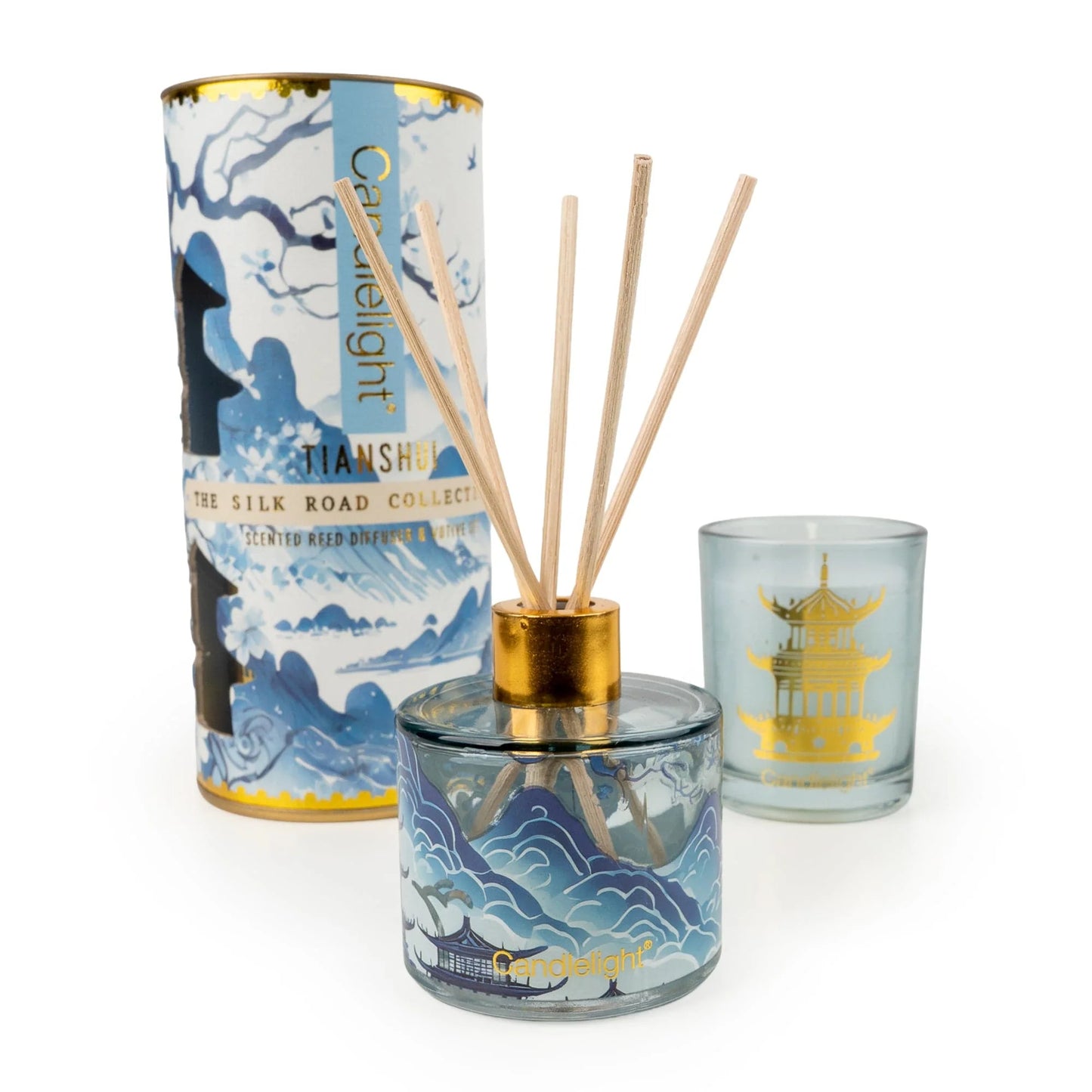 Candlelight The Silk Road Collection Tianshui Blue Reed Diffuser & Votive Gift Set