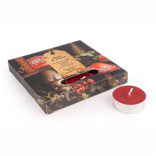 Candlelight Flora and Fauna Toadstools set of 9 red scented tealights presented in illustrated woodland gift packaging