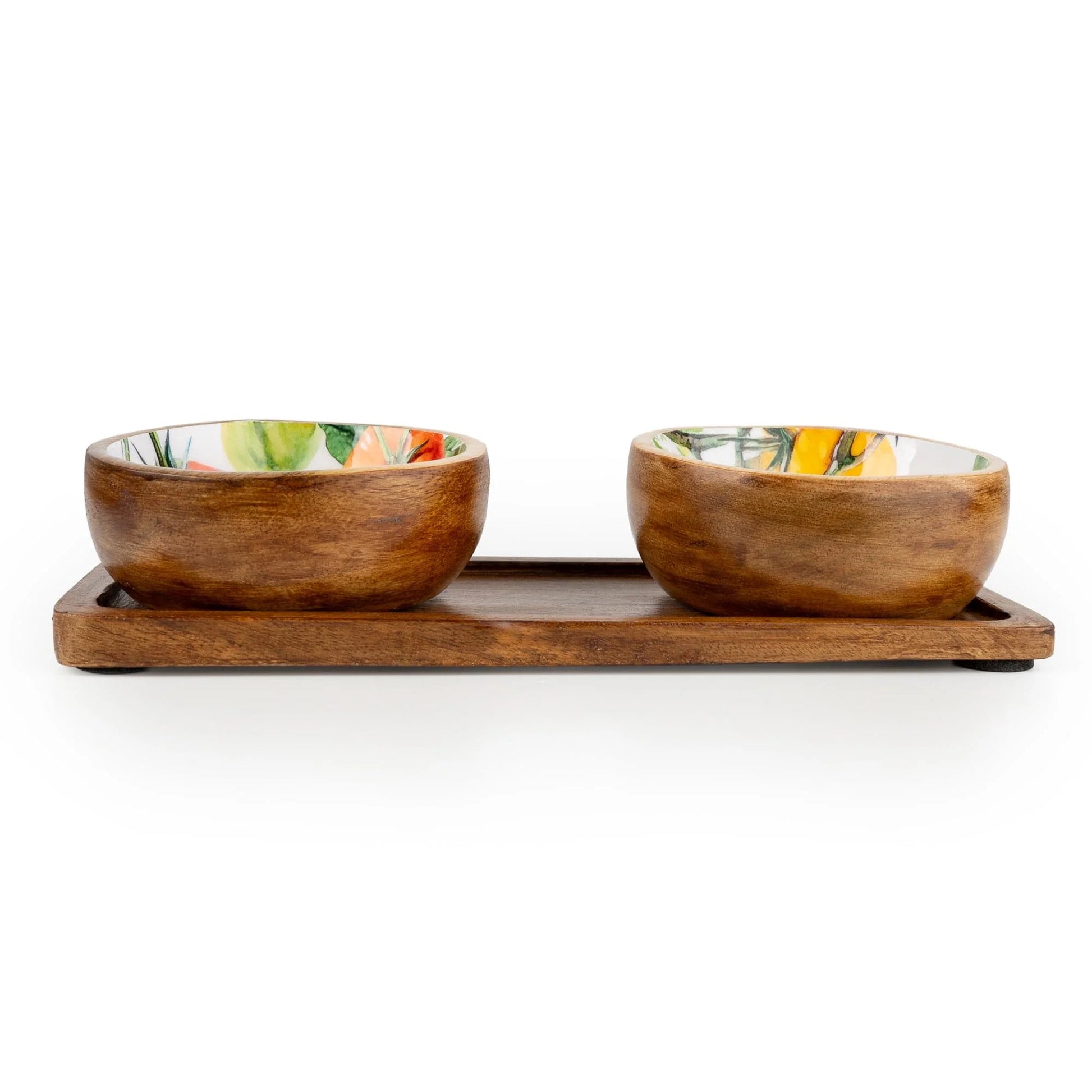 Candlelight Tomatoes Mango Wood Round Dipping Bowls & Square Tray Set