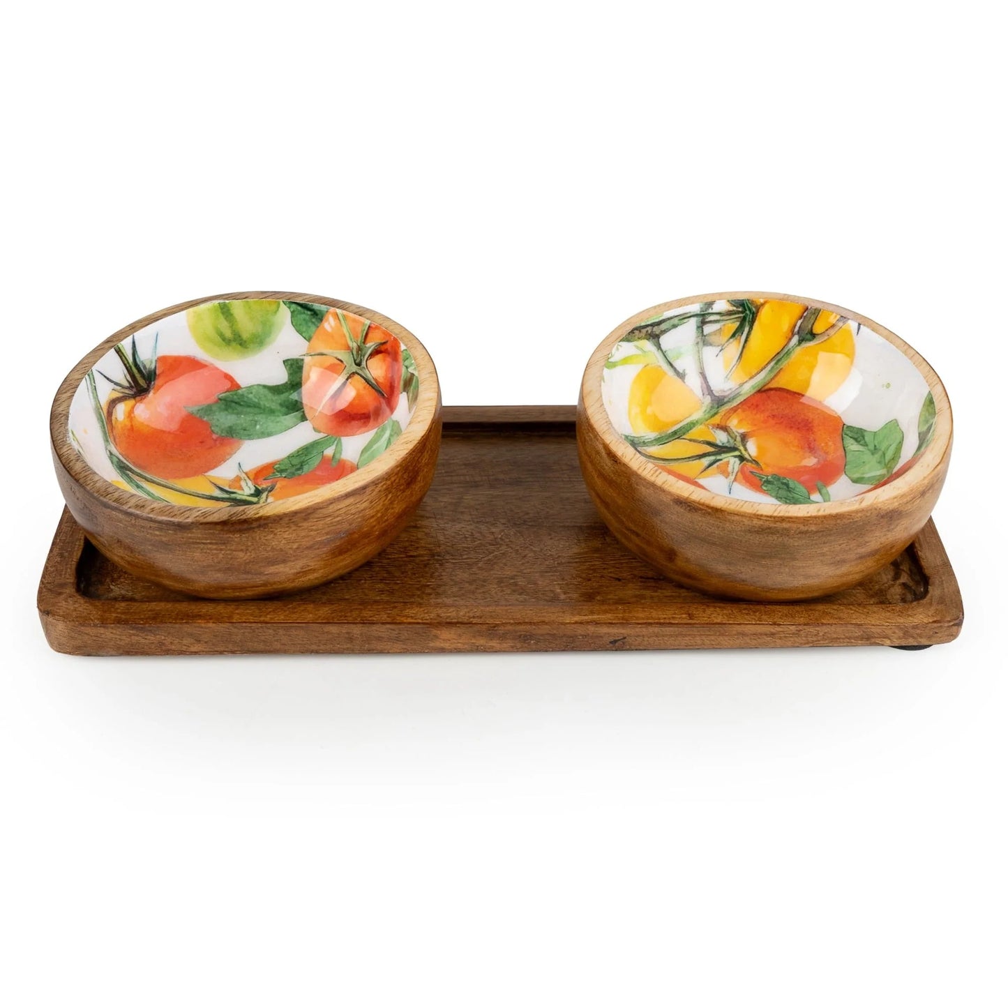 Candlelight Tomatoes Mango Wood Round Dipping Bowls & Square Tray Set