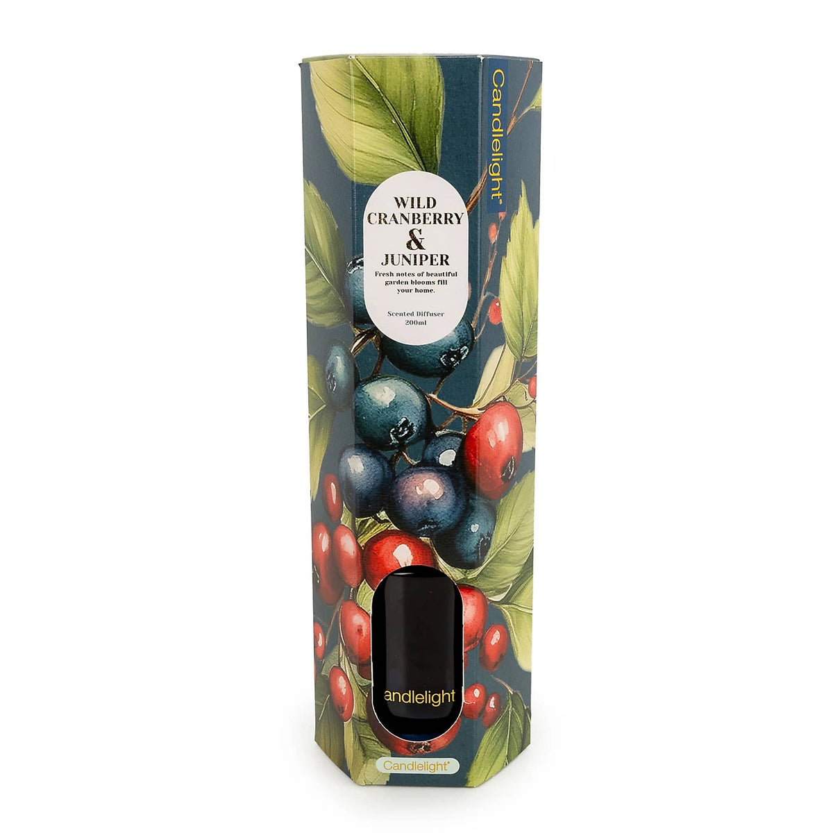 Candlelight Wild Cranberry and Juniper 200ml reed diffuser in blue glass bottle with black reeds and botanical box