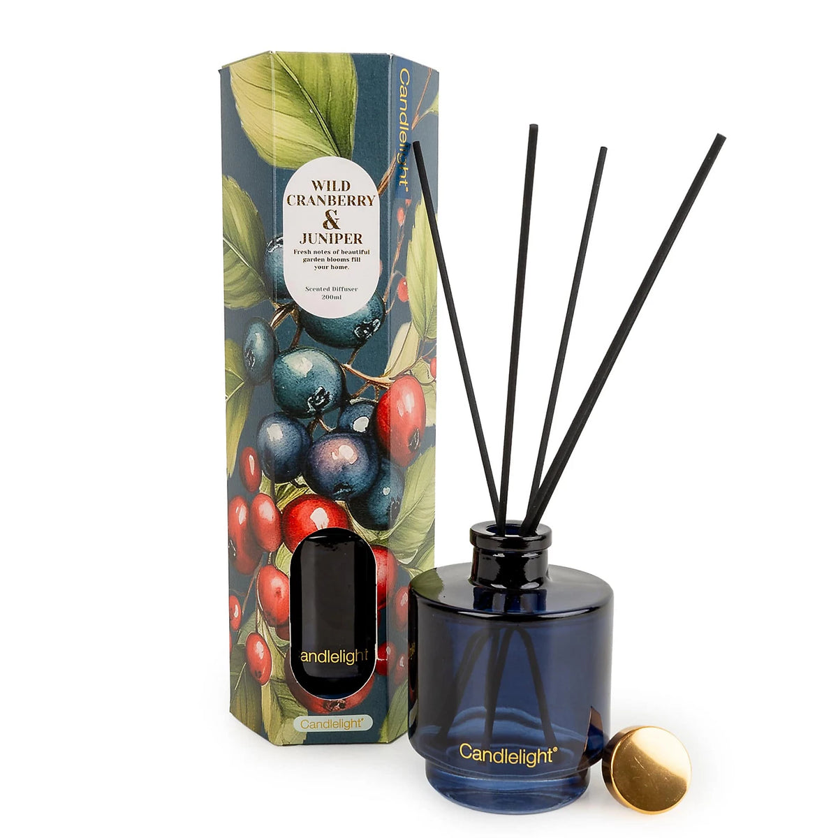 Candlelight Wild Cranberry and Juniper 200ml reed diffuser in blue glass bottle with black reeds and botanical box