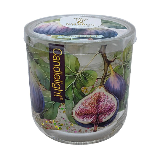 Add a glowing ambience to your home with the Candlelight Wild Fig &amp; Saffron LED Candle. Features heat-activated LED lights and fig artwork.