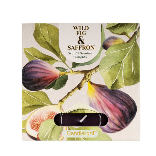 Candlelight Wild Fig and Saffron set of 9 scented tealights presented in illustrated fig tree packaging