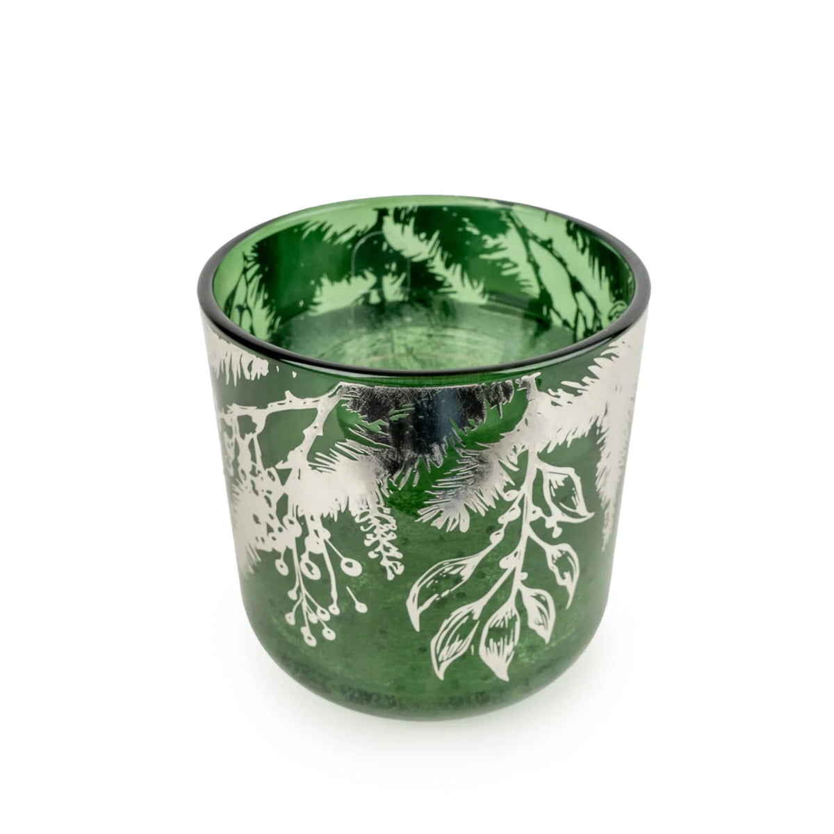 Candlelight Winter Fir and Mistletoe LED candle in a deep green glass vessel with silver botanical illustrations
