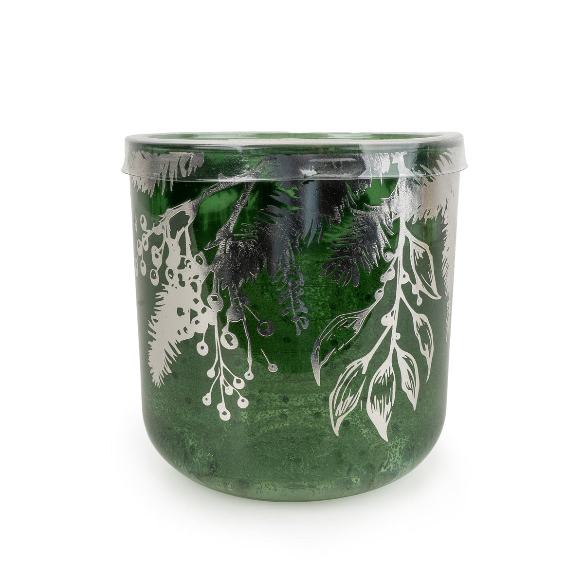 Candlelight Winter Fir and Mistletoe LED candle in a deep green glass vessel with silver botanical illustrations
