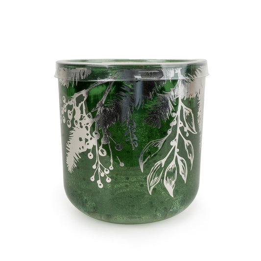 Candlelight Winter Fir and Mistletoe LED candle in a deep green glass vessel with silver botanical illustrations