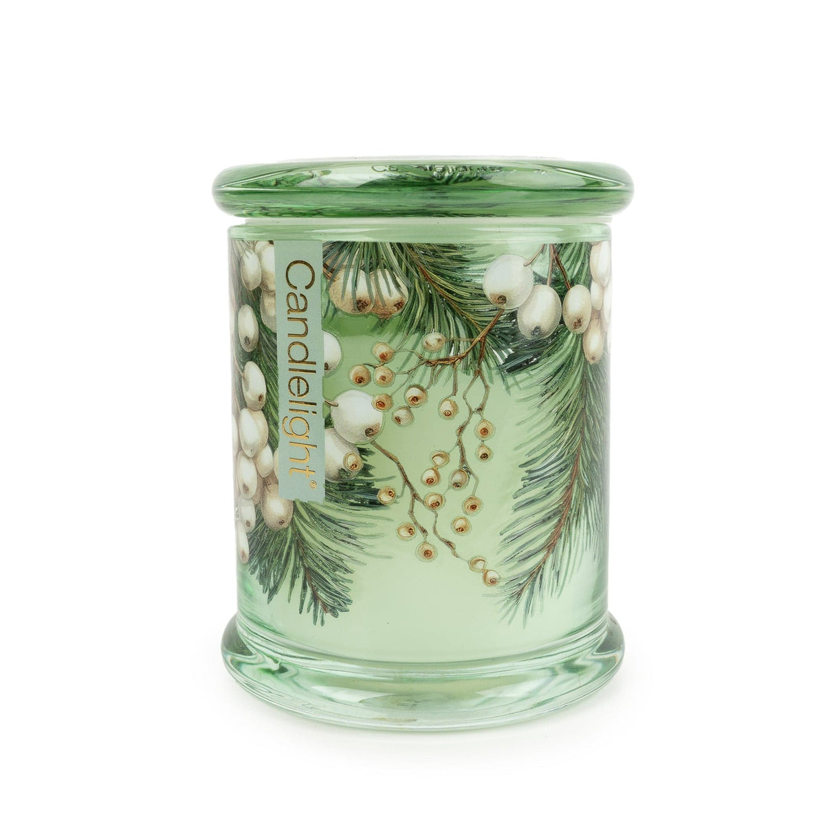 Candlelight Winter Fir & Mistletoe large green glass jar candle with matching lidded top and botanical pine needle artwork
