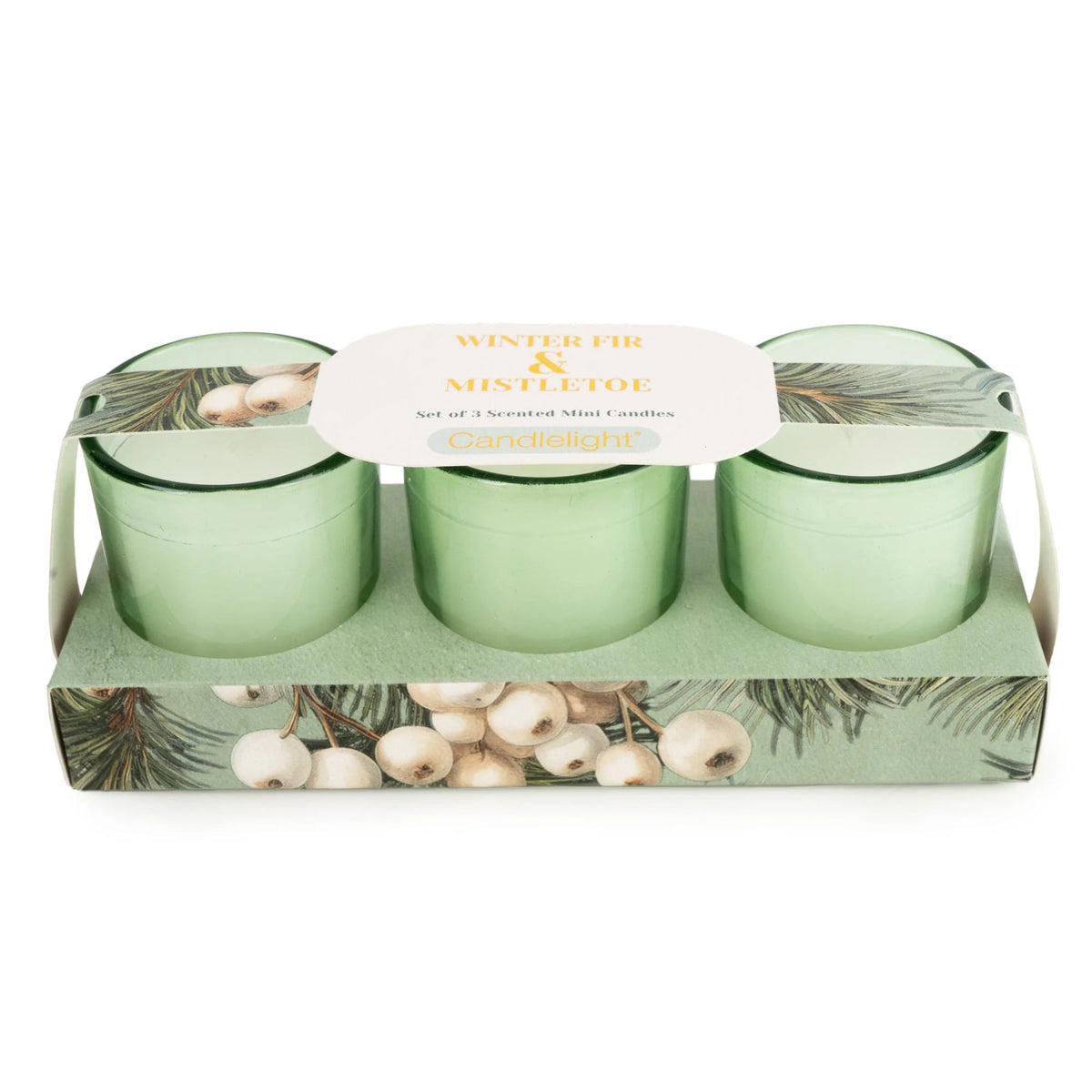 Candlelight Winter Fir and Mistletoe set of 3 mini votive candles in green glass holders presented in illustrated packaging