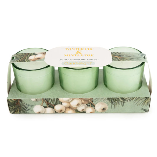Candlelight Winter Fir and Mistletoe set of 3 mini votive candles in green glass holders presented in illustrated packaging