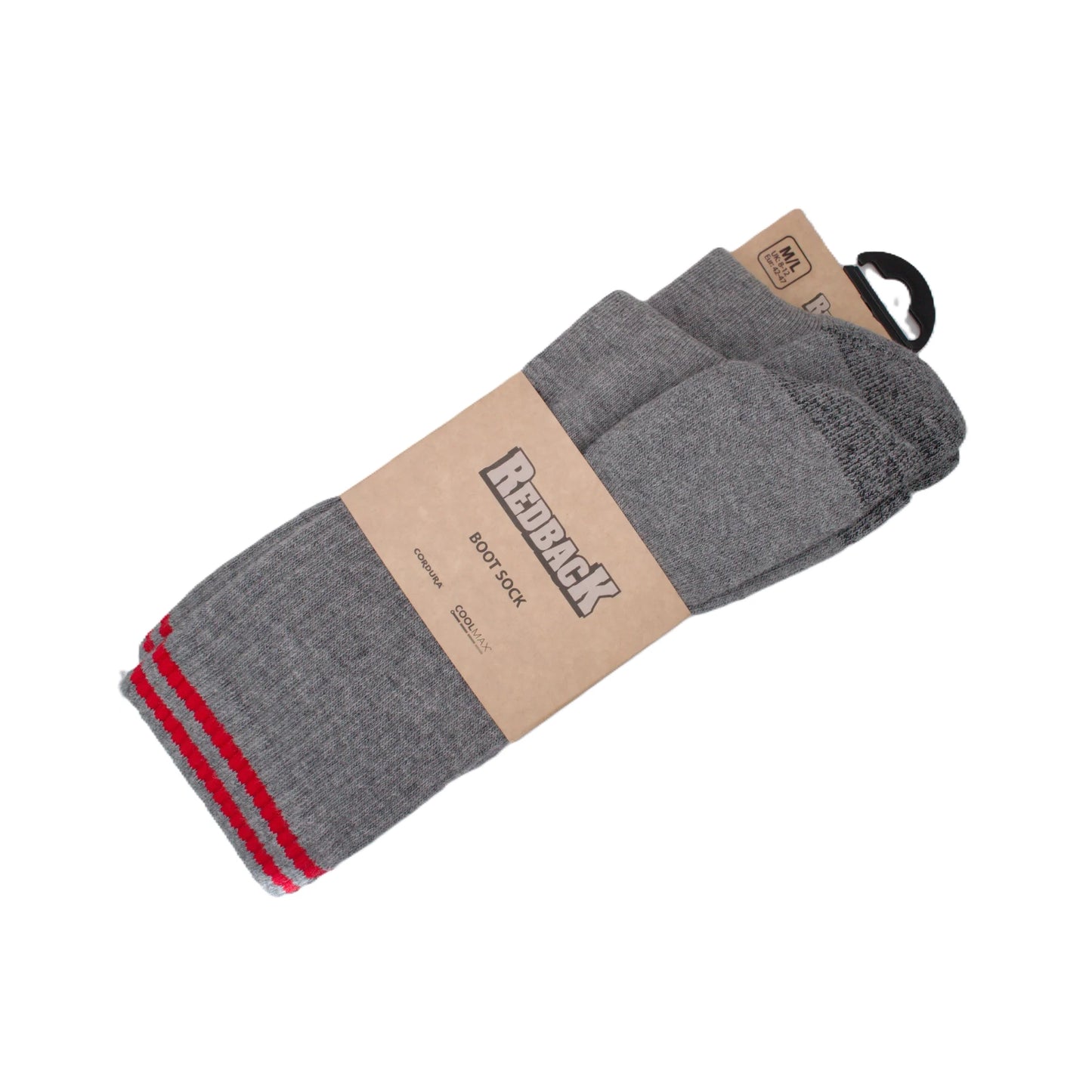 Pair of grey and black Redback Coolmax boot socks featuring the iconic red twin-stripe contrast detail on the ribbed cuff.