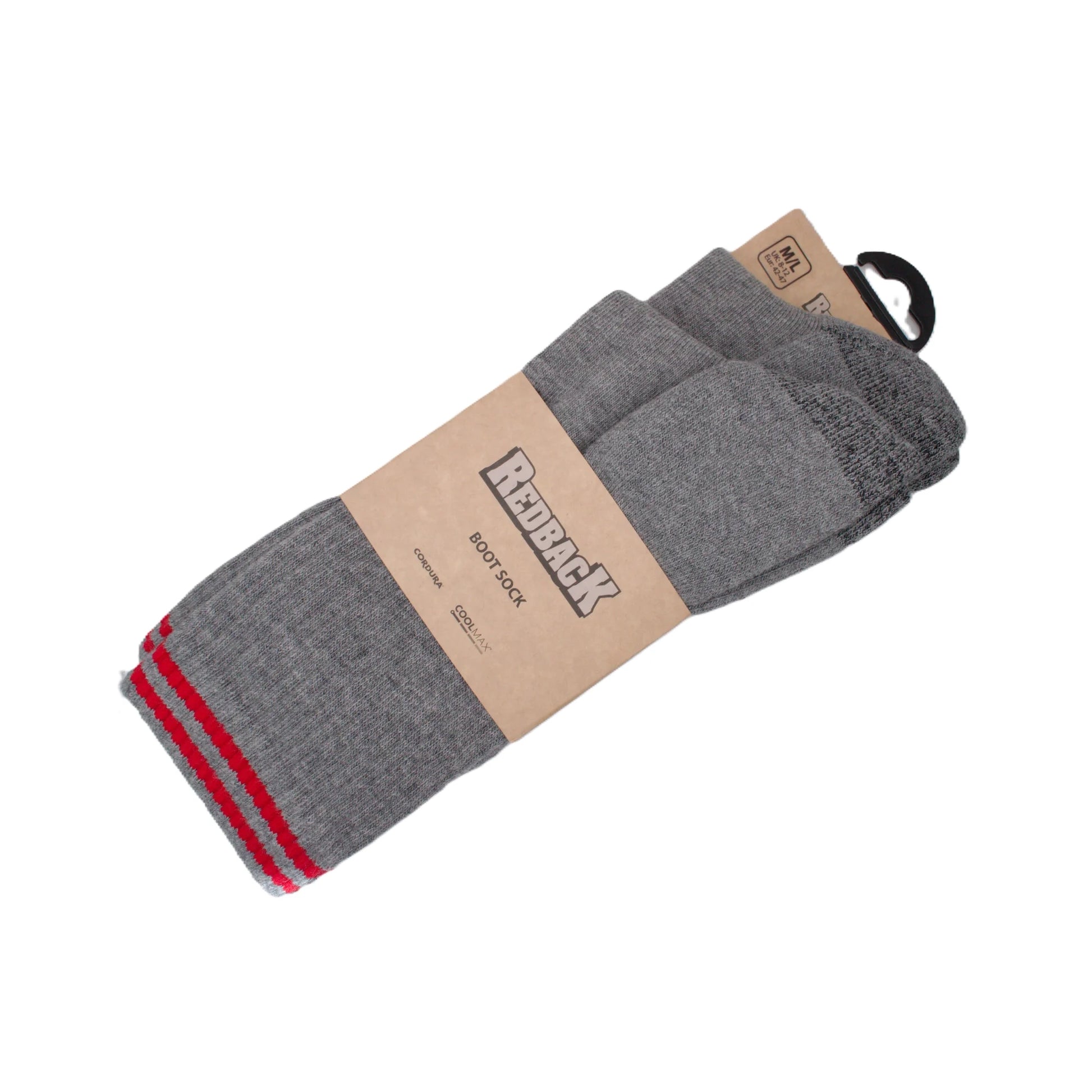 Pair of grey and black Redback Coolmax boot socks featuring the iconic red twin-stripe contrast detail on the ribbed cuff.
