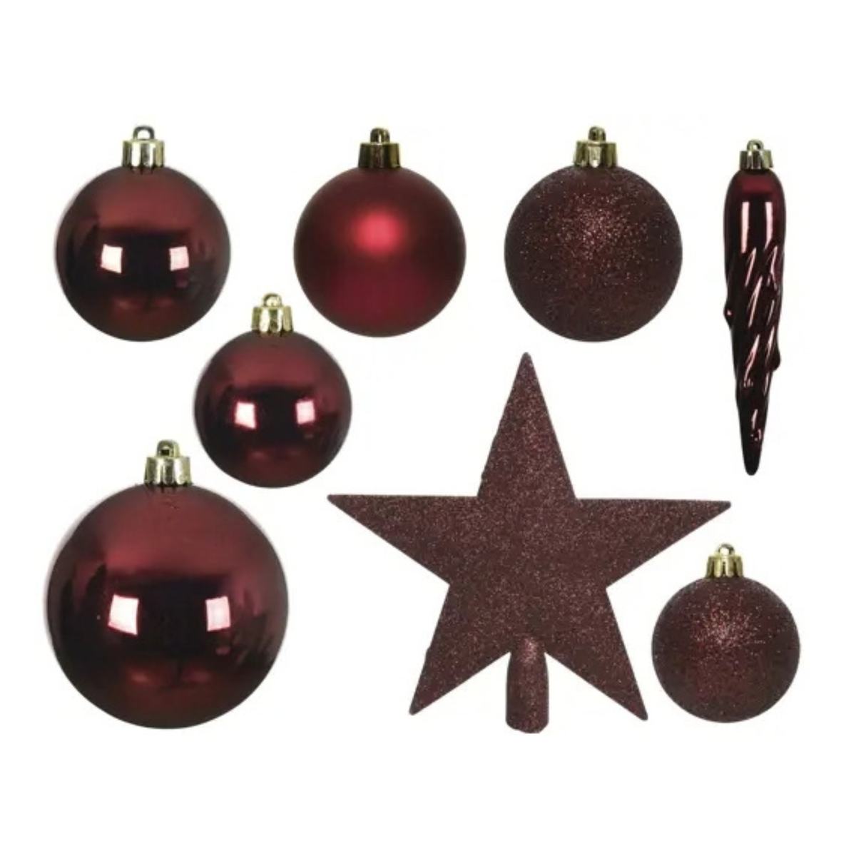 Kaemingk 33 piece dark red shatterproof Christmas bauble set featuring a glitter star tree topper, icicles, and spherical ornaments.