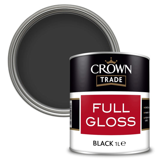 1 Litre tin of Crown Trade Full Gloss paint in Black for interior and exterior wood and metalwork