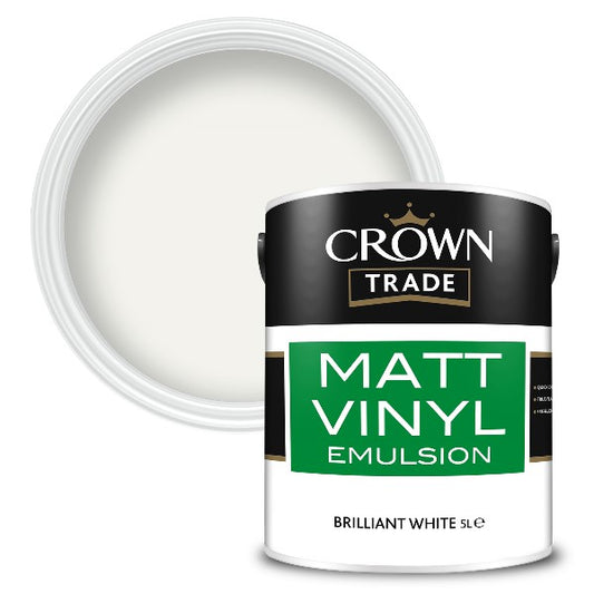 5 Litre tin of Crown Paints Trade Matt Vinyl emulsion in Brilliant White for interior walls.