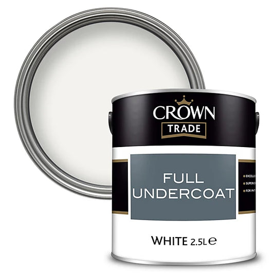 2.5 Litre tin of Crown Trade Full Undercoat paint in White for interior and exterior wood and metalwork