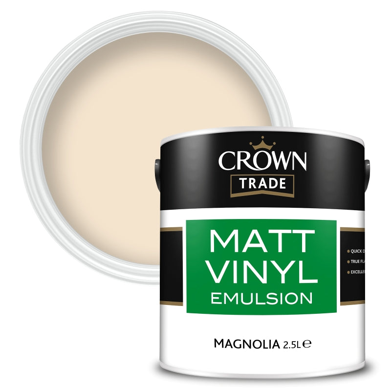 2.5 Litre tin of Crown Trade Matt Vinyl emulsion paint in Magnolia for interior walls