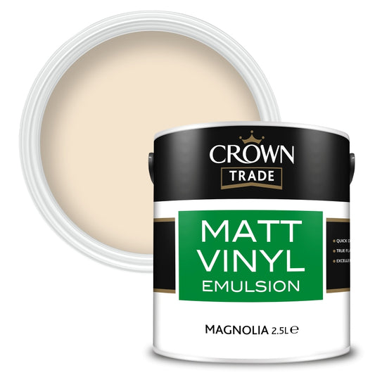 2.5 Litre tin of Crown Trade Matt Vinyl emulsion paint in Magnolia for interior walls
